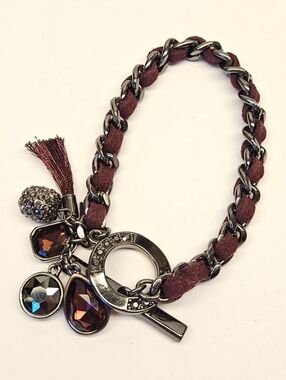 Purple And Gun Metal Gray Chain Charm Bracelet with Crystal Drops
